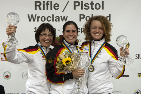 Gold, Silver and Bronze to Germany, at the 50m Rifle 3 Positions Women event