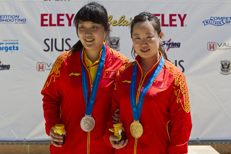 Wu and Chang (CHN) atop of the 10m Air Rifle Women podium