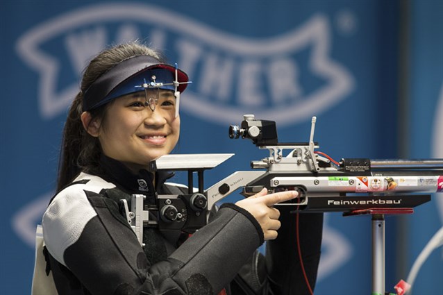 14-year old Veloso beat Olympic Champ Katerina Emmons to win air rifle Gold